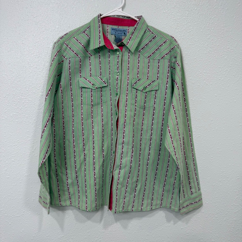 Wrangler Blues Womens XL Western Shirt Green Floral Stripe Ramie Cotton LB6052G